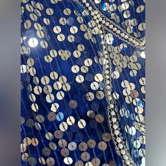 Vintage Blue Sequin Beaded Silk Dress Art Deco Midi Party Formal - Picture 8 of 16